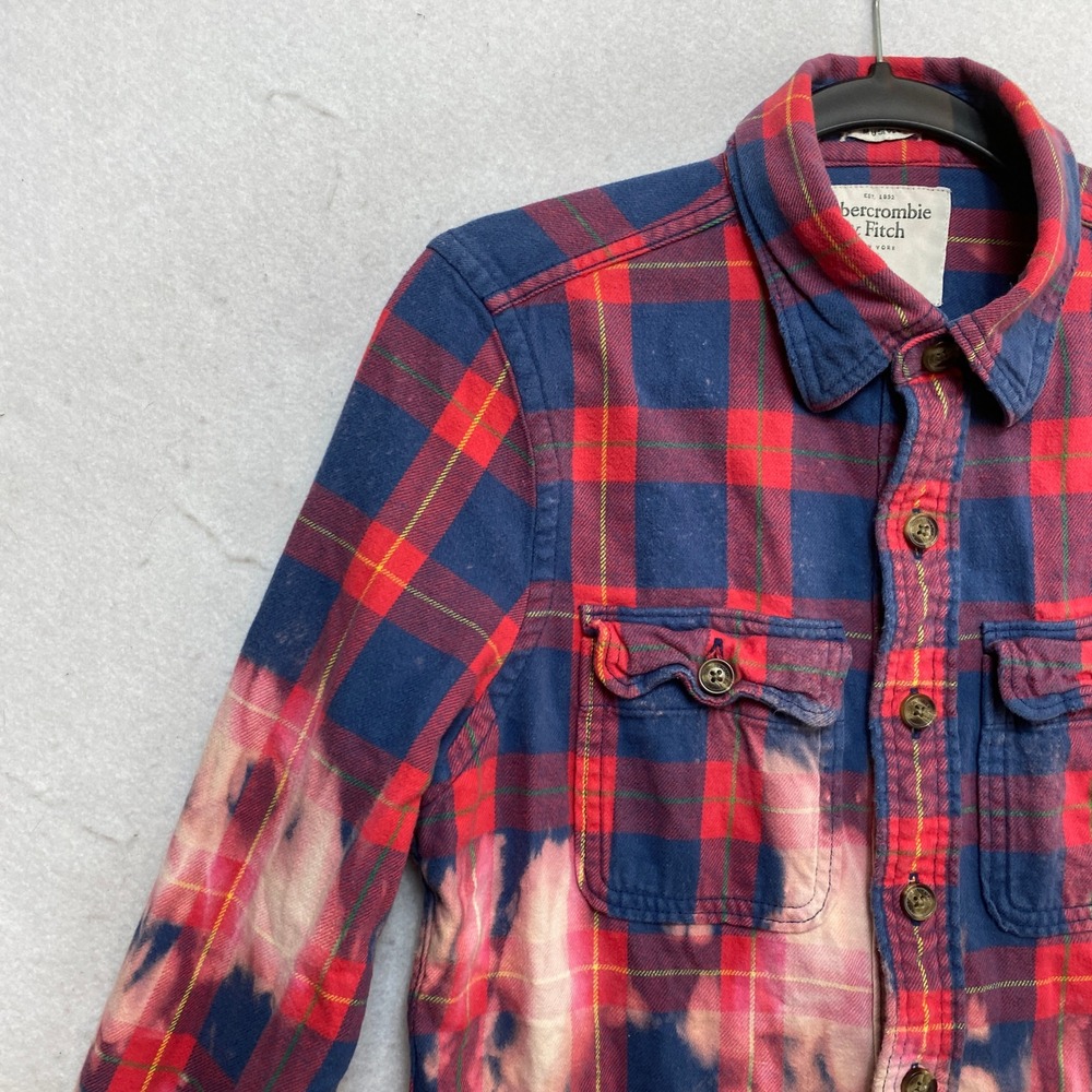 Abercrombie & Fitch Flannel Shirt Mens S Red Blue Bleached Acid Wash Button Up - Picture 5 of 9